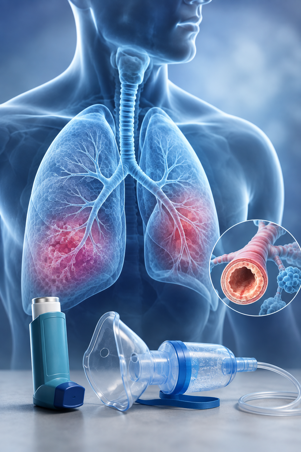 Akciğerler ve daralmış bir bronşun büyütülmüş çizimi; önde inhaler ve nebülizatör maskesi