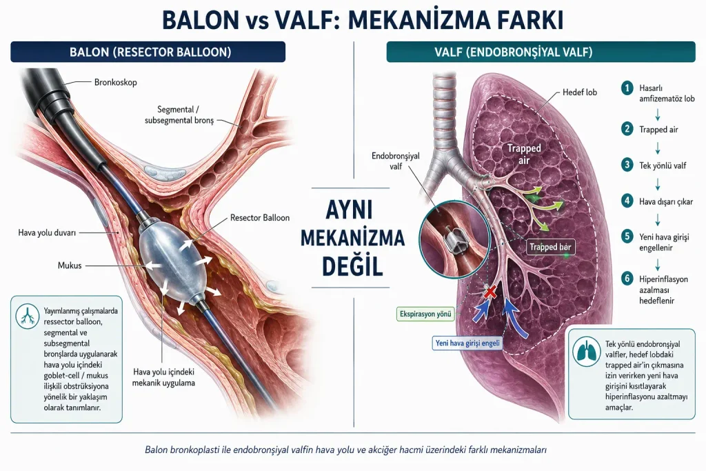 Balon bronkoplasti ile endobronşiyal valfin hava yolu ve akciğer hacmi üzerindeki farklı mekanizmaları