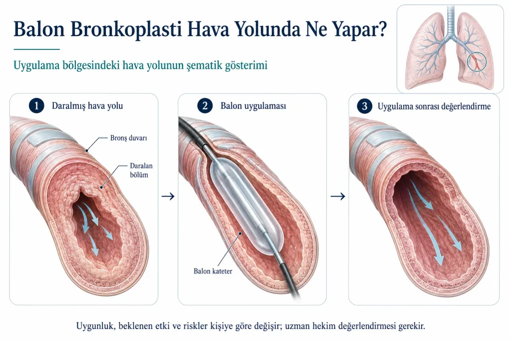 KOAH balon tedavisinde bronkoskopik balonun hava yolu içindeki uygulamasını gösteren tıbbi şema