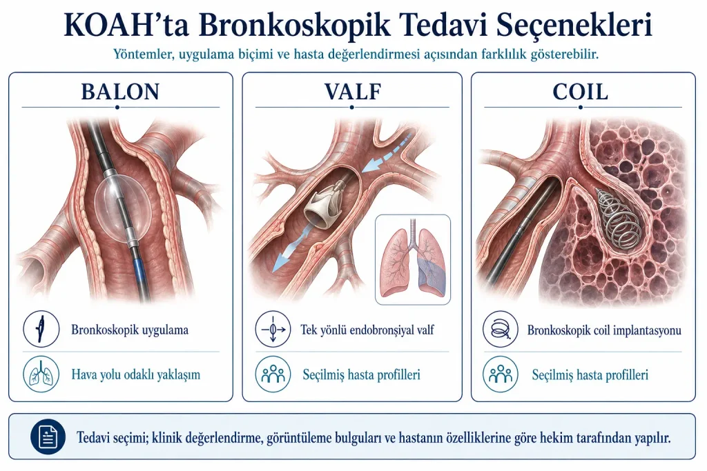 KOAH tedavisinde balon bronkoplasti, endobronşiyal valf ve coil yöntemlerinin karşılaştırmalı gösterimi
