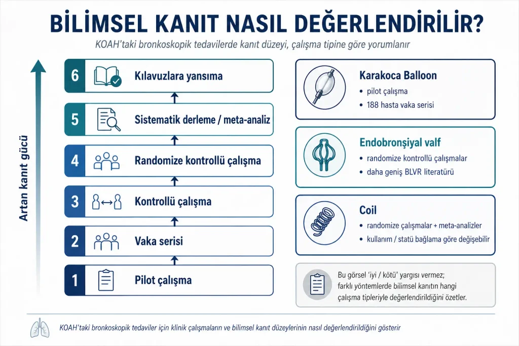 KOAH'taki bronkoskopik tedaviler için klinik çalışmaların ve bilimsel kanıt düzeylerinin nasıl değerlendirildiğini gösteren şema