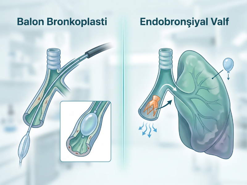 Balon bronkoplasti ve endobronşiyal valf arasındaki farkları gösteren tıbbi akciğer illüstrasyonu