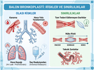 Balon bronkoplastinin sınırlı bilimsel kanıtlarını, hasta seçimini ve uzun dönem sonuçlarındaki belirsizlikleri gösteren tıbbi şema