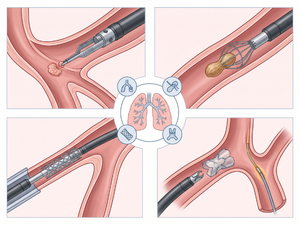Girişimsel bronkoskopide balon dilatasyon, stent, tümör debulking ve diğer bronkoskopik işlemleri gösteren tıbbi şema