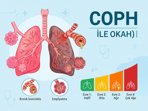 KOAH belirtileri, kronik bronşit, amfizem ve hastalık evrelerini gösteren tıbbi infografik