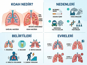 KOAH'ın nedenleri, belirtileri ve GOLD 1–4 evrelerini gösteren tıbbi infografik